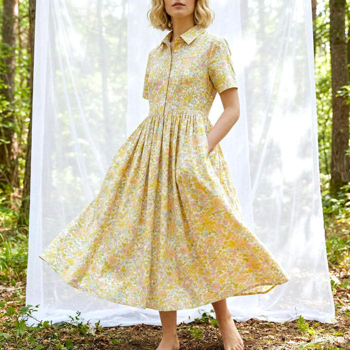 Liberty London Short-Sleeved Shirtdress, Handmade Botanical Floral-Print Womenswear, Midi Tailoring Dress, Sustainable Ethical Clothing
