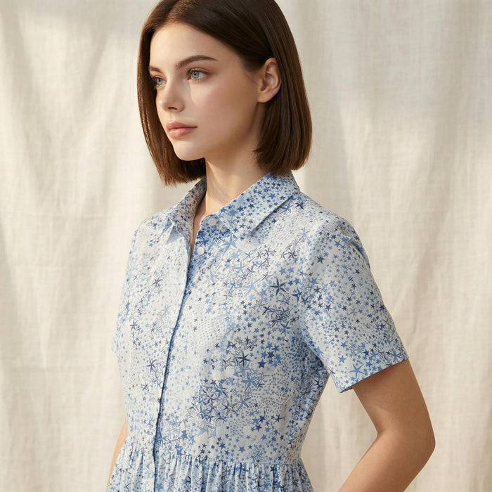 Liberty London Short-Sleeved Shirtdress, Handmade Botanical Floral-Print Womenswear, Midi Tailoring Dress, Sustainable Ethical Clothing