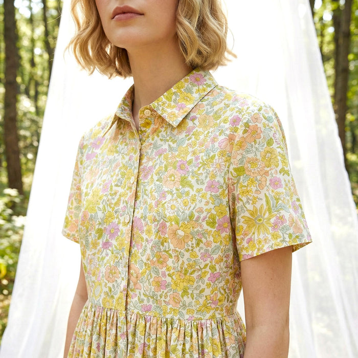 Liberty London Short-Sleeved Shirtdress, Handmade Botanical Floral-Print Womenswear, Midi Tailoring Dress, Sustainable Ethical Clothing