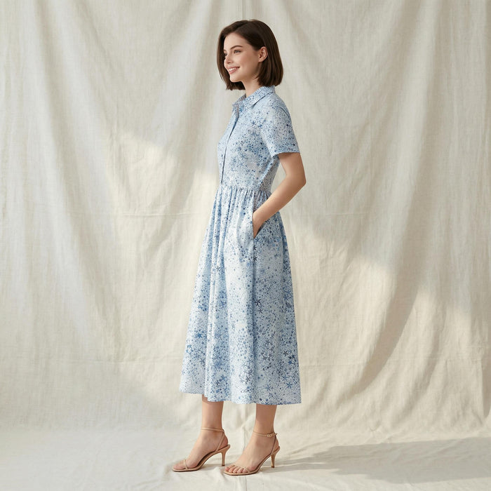 Liberty London Short-Sleeved Shirtdress, Handmade Botanical Floral-Print Womenswear, Midi Tailoring Dress, Sustainable Ethical Clothing