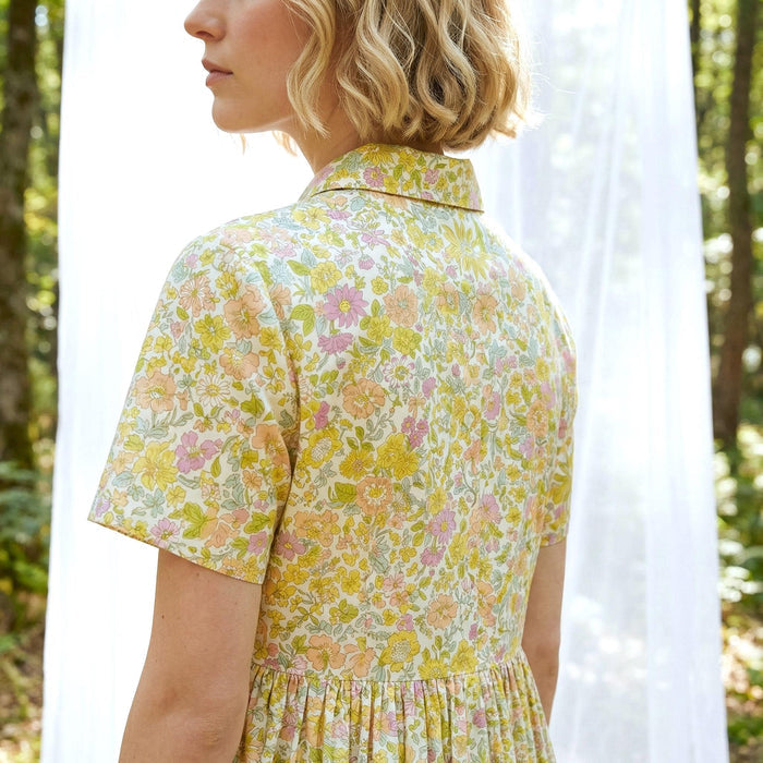 Liberty London Short-Sleeved Shirtdress, Handmade Botanical Floral-Print Womenswear, Midi Tailoring Dress, Sustainable Ethical Clothing