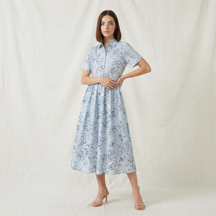 Liberty London Short-Sleeved Shirtdress, Handmade Botanical Floral-Print Womenswear, Midi Tailoring Dress, Sustainable Ethical Clothing