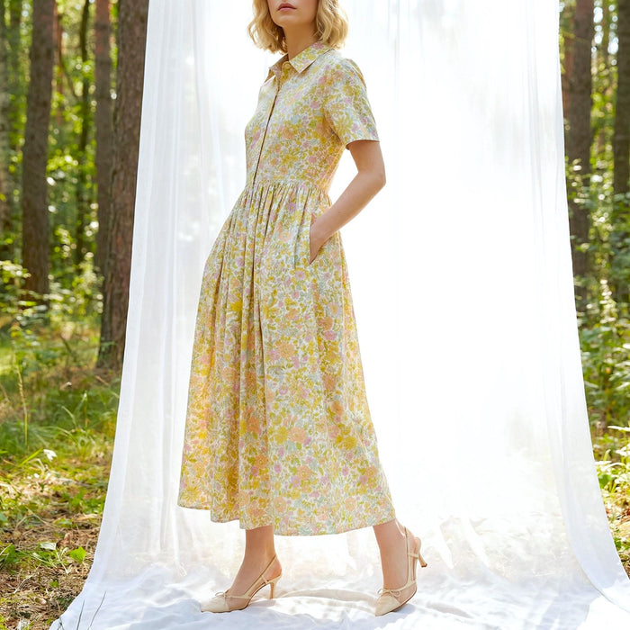 Liberty London Short-Sleeved Shirtdress, Handmade Botanical Floral-Print Womenswear, Midi Tailoring Dress, Sustainable Ethical Clothing