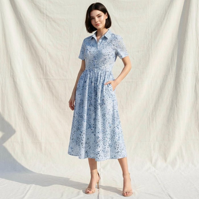 Liberty London Short-Sleeved Shirtdress, Handmade Botanical Floral-Print Womenswear, Midi Tailoring Dress, Sustainable Ethical Clothing