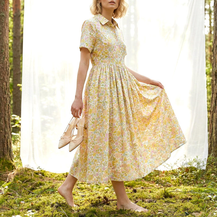 Liberty London Short-Sleeved Shirtdress, Handmade Botanical Floral-Print Womenswear, Midi Tailoring Dress, Sustainable Ethical Clothing