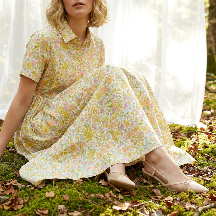 Liberty London Short-Sleeved Shirtdress, Handmade Botanical Floral-Print Womenswear, Midi Tailoring Dress, Sustainable Ethical Clothing
