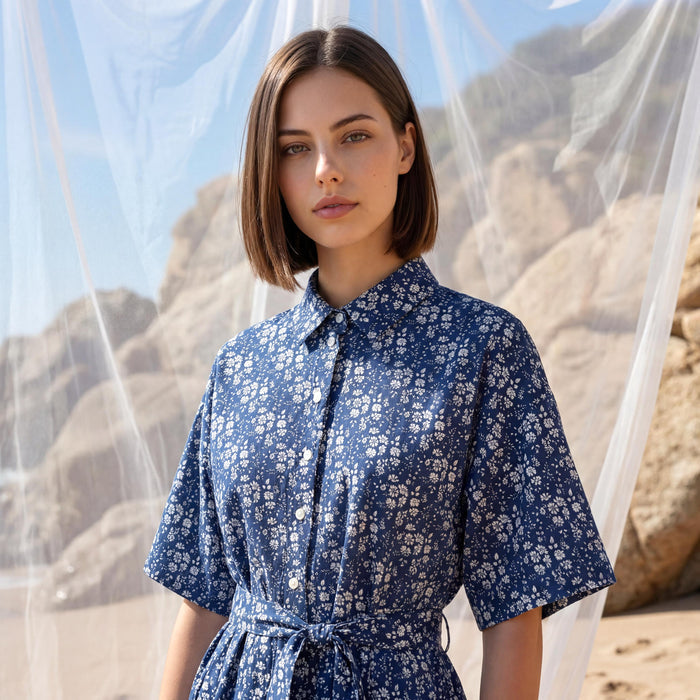 Liberty London Short Sleeves Collared Shirtdress, Handcrafted Womenswear, Sustainable Cotton Clothing, Personalised Versatile Outfits