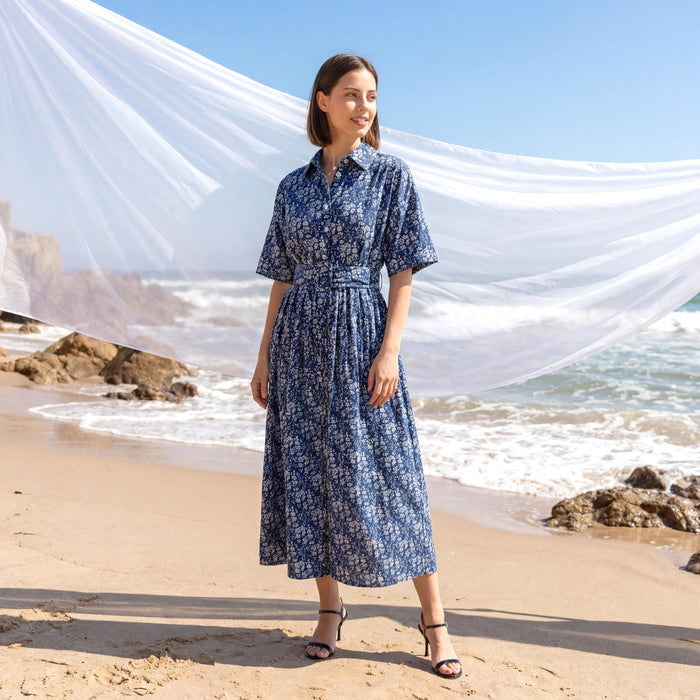 Liberty London Short Sleeves Collared Shirtdress, Handcrafted Womenswear, Sustainable Cotton Clothing, Personalised Versatile Outfits