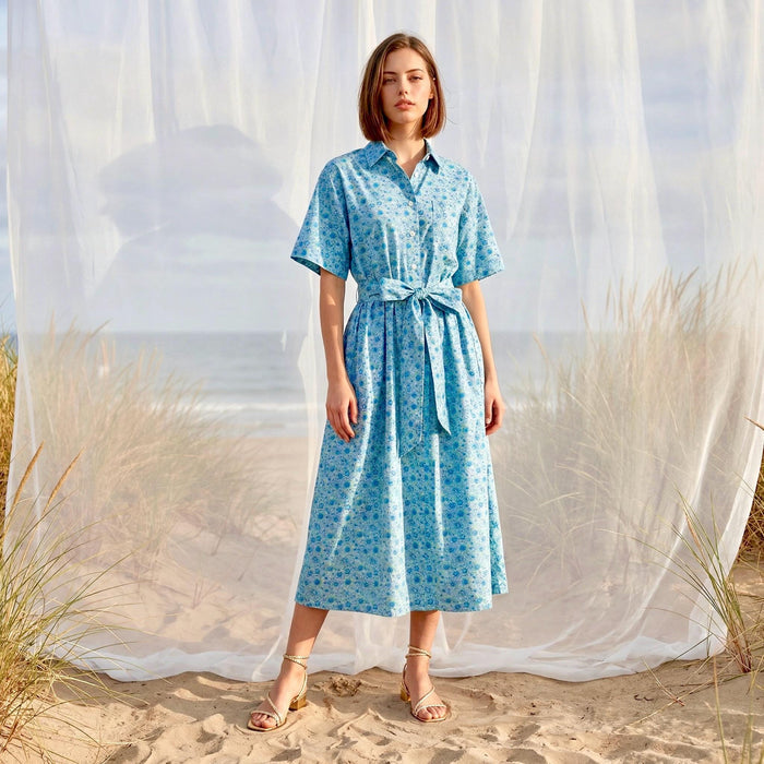 Liberty London Short Sleeves Midi Shirtdress, Handcrafted Womenswear, Sustainable Cotton Clothing, Personalised Versatile Outfits