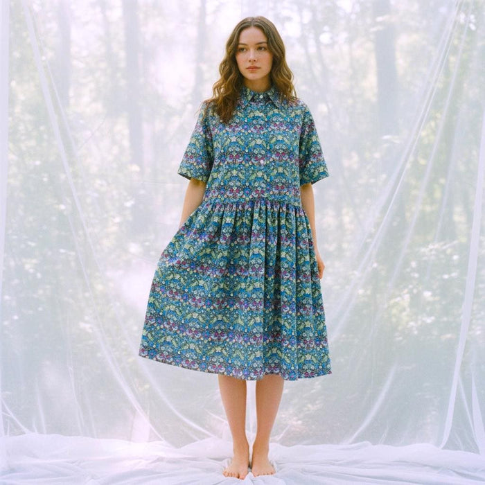 Liberty London Short Sleeves Shirt Dress, Handmade Strawberry Thief Cotton Tana Lawn Midi Dress