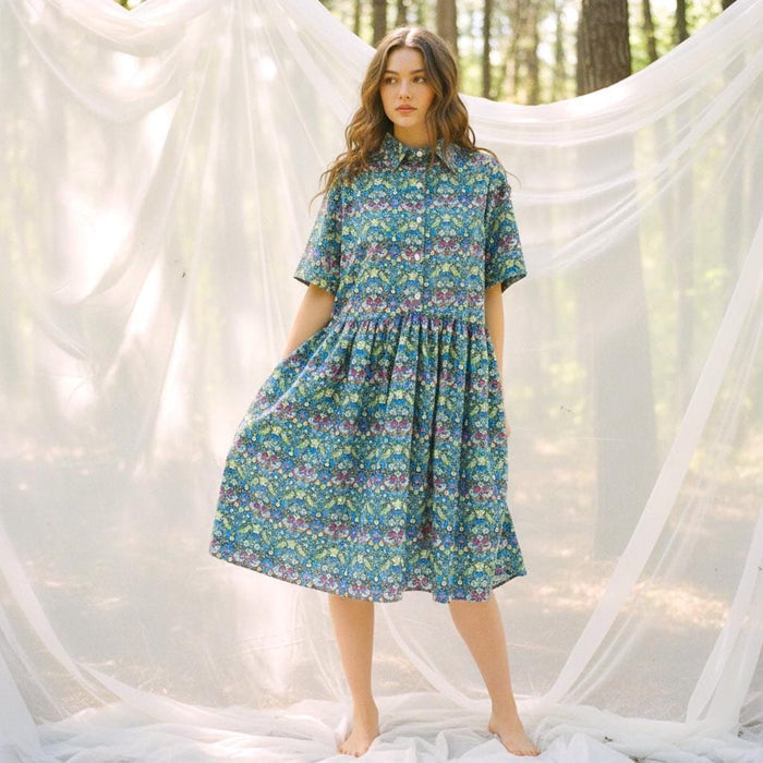 Liberty London Short Sleeves Shirt Dress, Handmade Strawberry Thief Cotton Tana Lawn Midi Dress