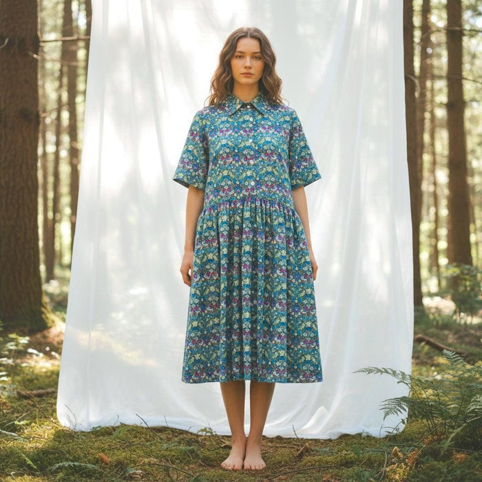 Liberty London Short Sleeves Shirt Dress, Handmade Strawberry Thief Cotton Tana Lawn Midi Dress