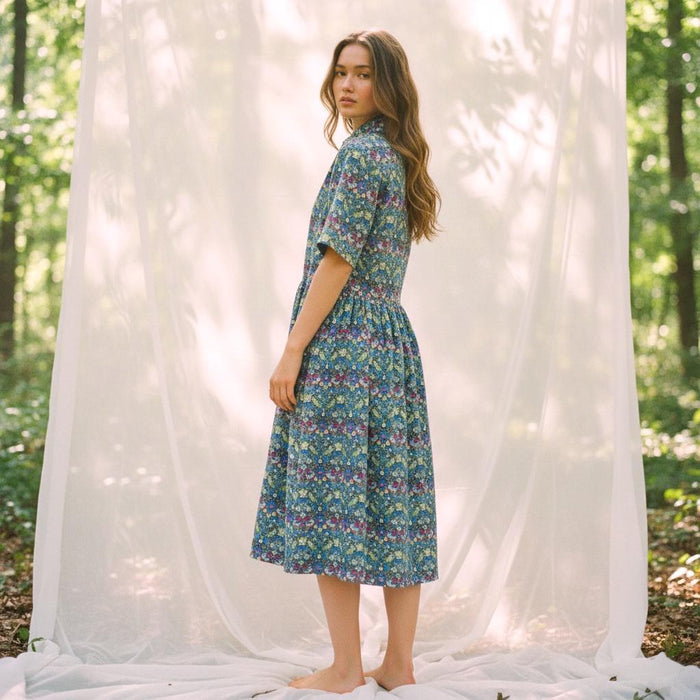 Liberty London Short Sleeves Shirt Dress, Handmade Strawberry Thief Cotton Tana Lawn Midi Dress