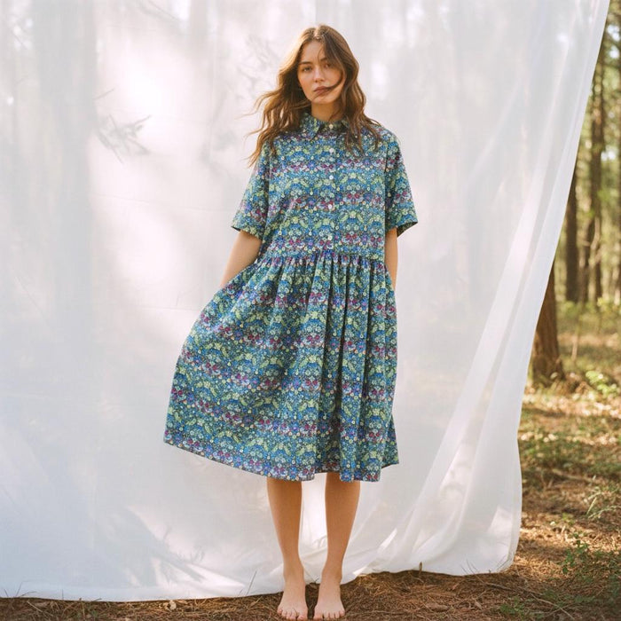 Liberty London Short Sleeves Shirt Dress, Handmade Strawberry Thief Cotton Tana Lawn Midi Dress