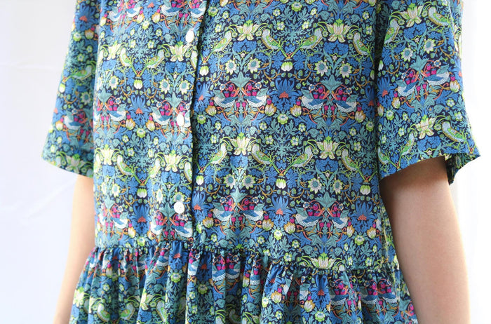 Liberty London Short Sleeves Shirt Dress, Handmade Strawberry Thief Cotton Tana Lawn Midi Dress