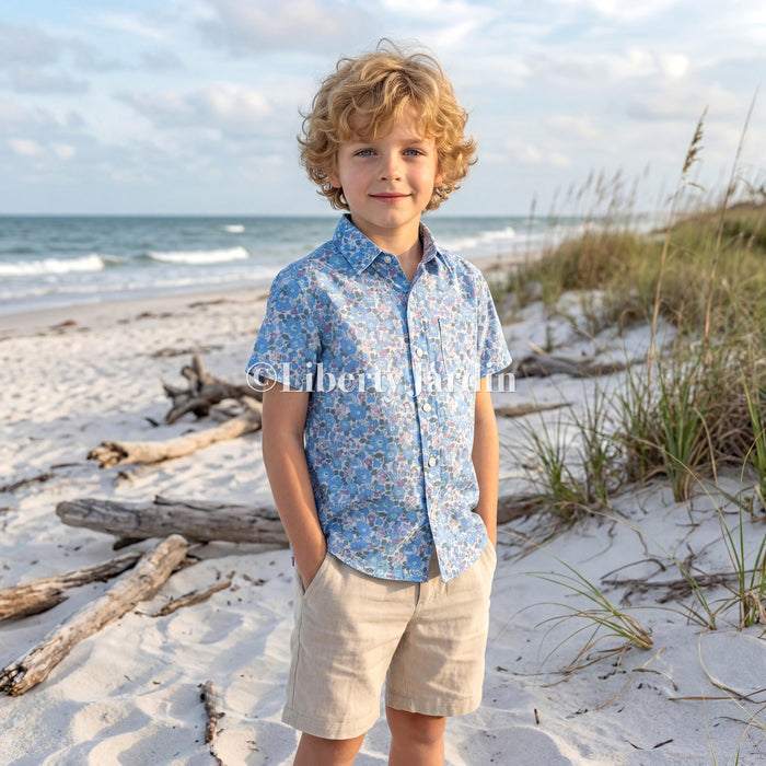 Liberty London Short Sleeves Shirt, Handmade Boy Chemise, Button Up Top, Botanical Animal Print Cotton, Personalised Customised Clothing