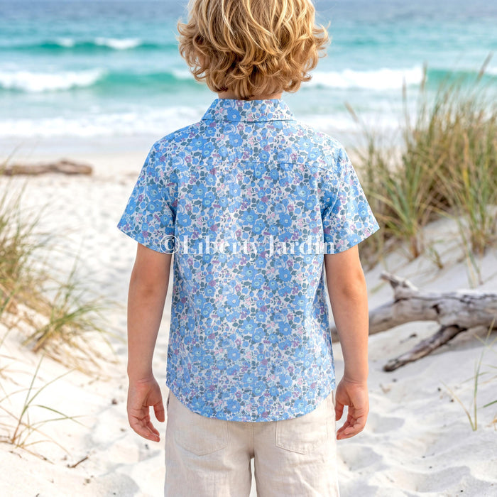 Liberty London Short Sleeves Shirt, Handmade Boy Chemise, Button Up Top, Botanical Animal Print Cotton, Personalised Customised Clothing