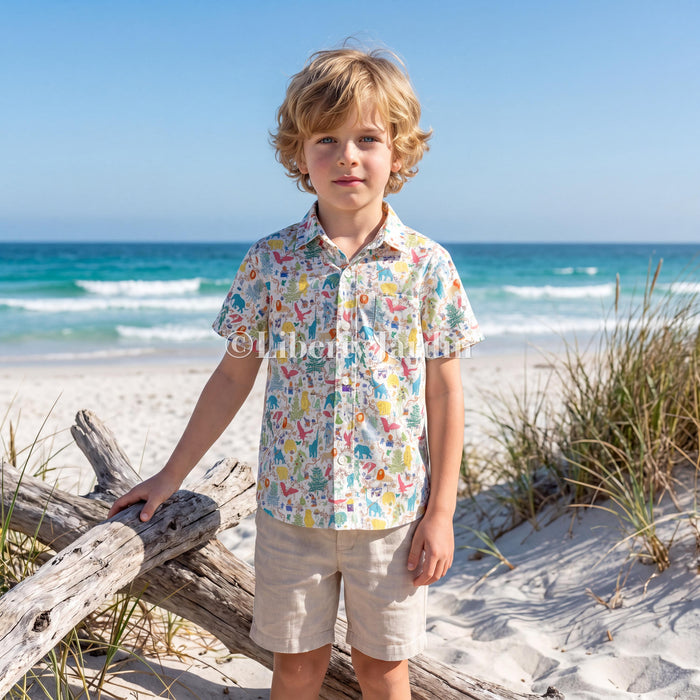 Liberty London Short Sleeves Shirt, Handmade Boy Chemise, Button Up Top, Botanical Animal Print Cotton, Personalised Customised Clothing