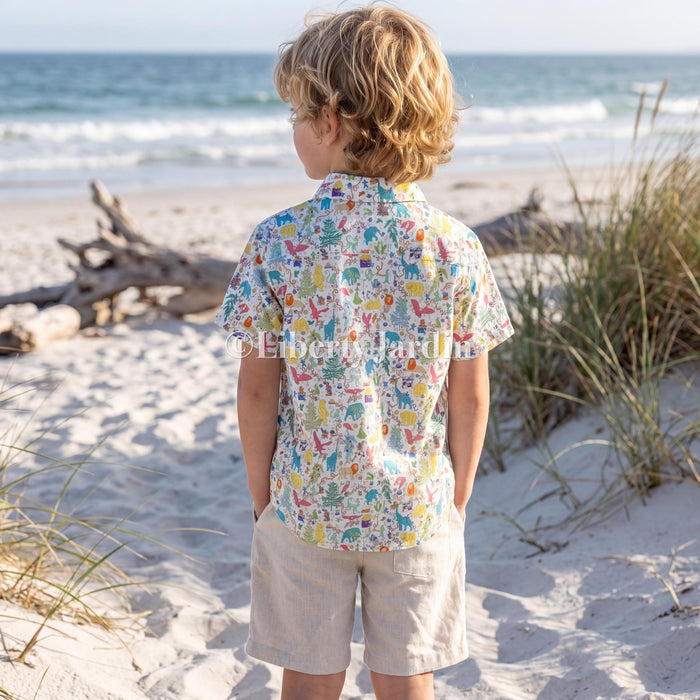 Liberty London Short Sleeves Shirt, Handmade Boy Chemise, Button Up Top, Botanical Animal Print Cotton, Personalised Customised Clothing
