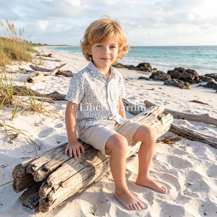 Liberty London Short Sleeves Shirt, Handmade Boy Chemise, Button Up Top, Botanical Animal Print Cotton, Personalised Customised Clothing