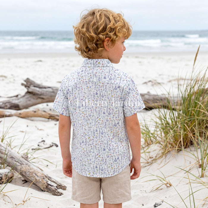 Liberty London Short Sleeves Shirt, Handmade Boy Chemise, Button Up Top, Botanical Animal Print Cotton, Personalised Customised Clothing