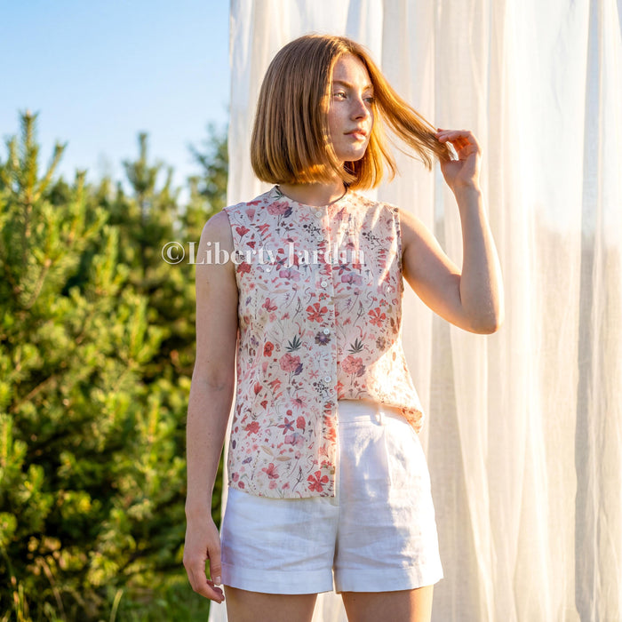 Liberty London Sleeveless Blouse, Button-up Tailoring Botanical Shirt, Personalised Customised Top, Sustainable Cotton Womenswear