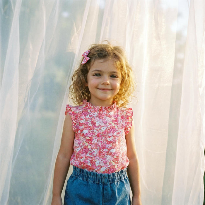 May include: A young girl wearing a pink floral print top with ruffled sleeves and a high neckline. She is also wearing blue denim shorts. Her hair is curly and she has a pink bow in her hair. The background is a sheer white curtain.