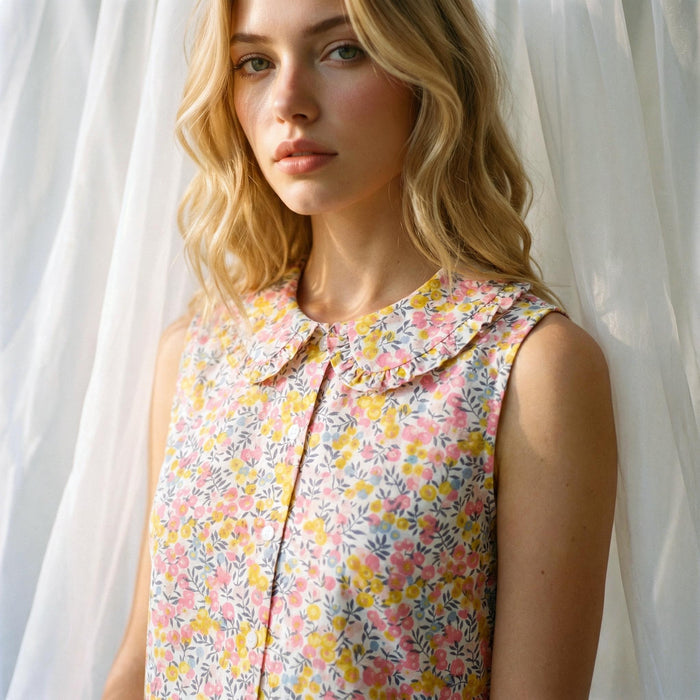 Liberty London Sleeveless Frilled Peter-Pan Collared Button-up Blouse, Tailoring Handmade Clothing, Sustainable Botanical Womenswear