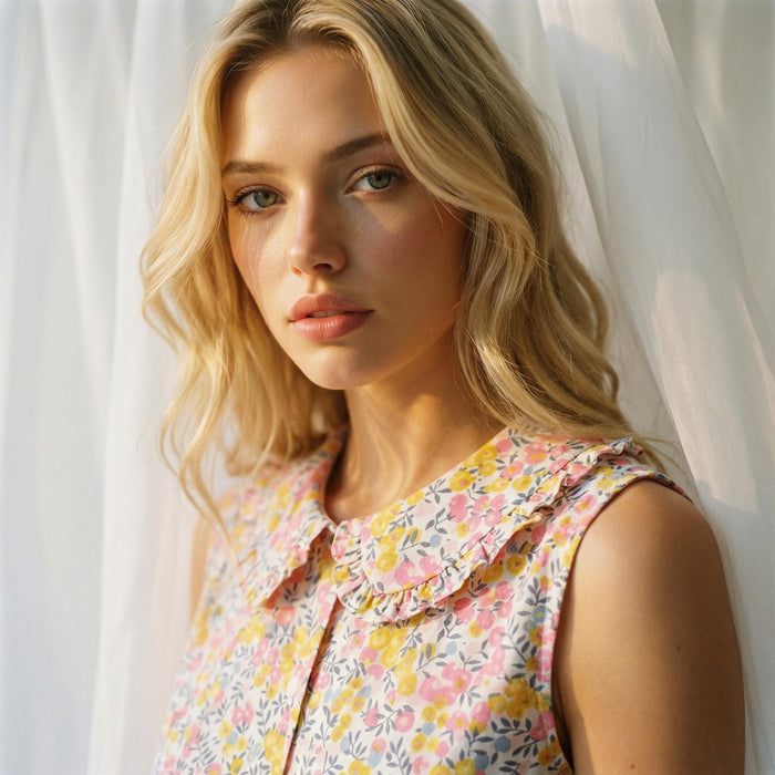 Liberty London Sleeveless Frilled Peter-Pan Collared Button-up Blouse, Tailoring Handmade Clothing, Sustainable Botanical Womenswear