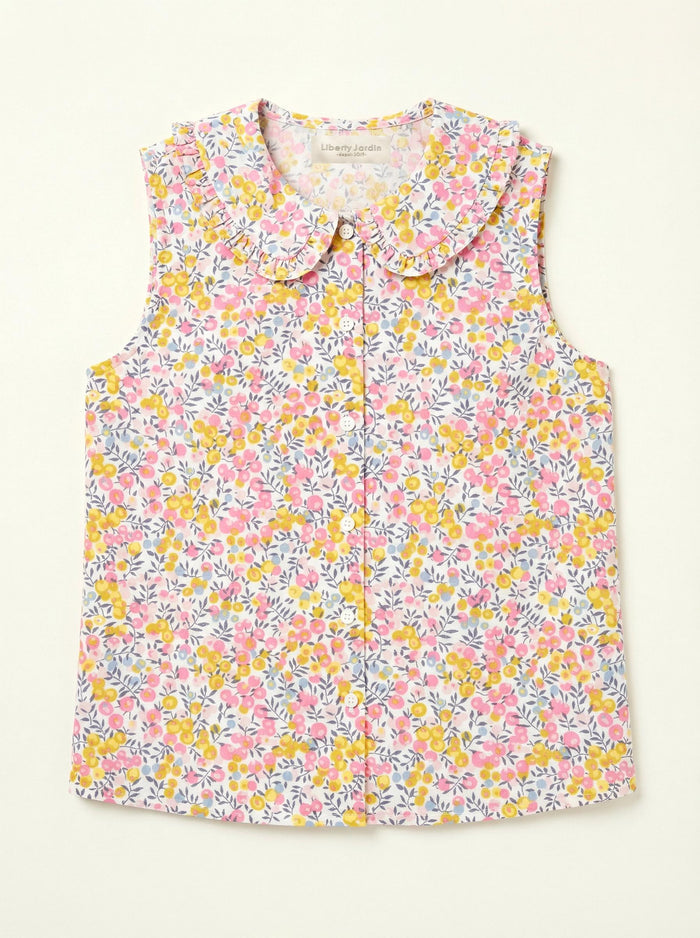 Liberty London Sleeveless Frilled Peter-Pan Collared Button-up Blouse, Tailoring Handmade Clothing, Sustainable Botanical Womenswear