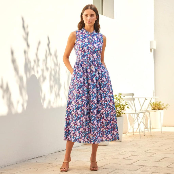 Liberty London Sleeveless Ruffle Collar Midi Sun Dress, Purple Pink Cotton Lawn Handmade Clothing