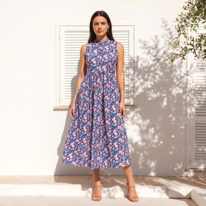 Liberty London Sleeveless Ruffle Collar Midi Sun Dress, Purple Pink Cotton Lawn Handmade Clothing