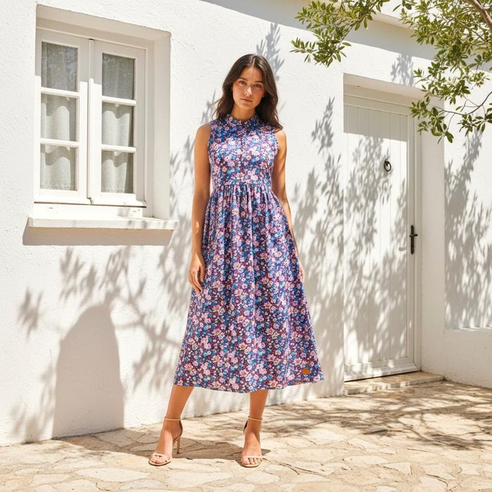 Liberty London Sleeveless Ruffle Collar Midi Sun Dress, Purple Pink Cotton Lawn Handmade Clothing