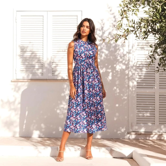 Liberty London Sleeveless Ruffle Collar Midi Sun Dress, Purple Pink Cotton Lawn Handmade Clothing