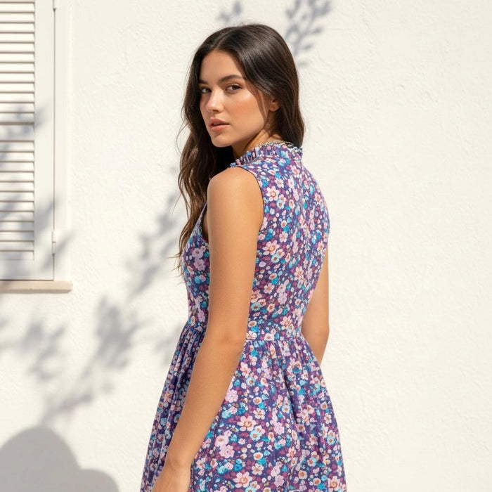Liberty London Sleeveless Ruffle Collar Midi Sun Dress, Purple Pink Cotton Lawn Handmade Clothing