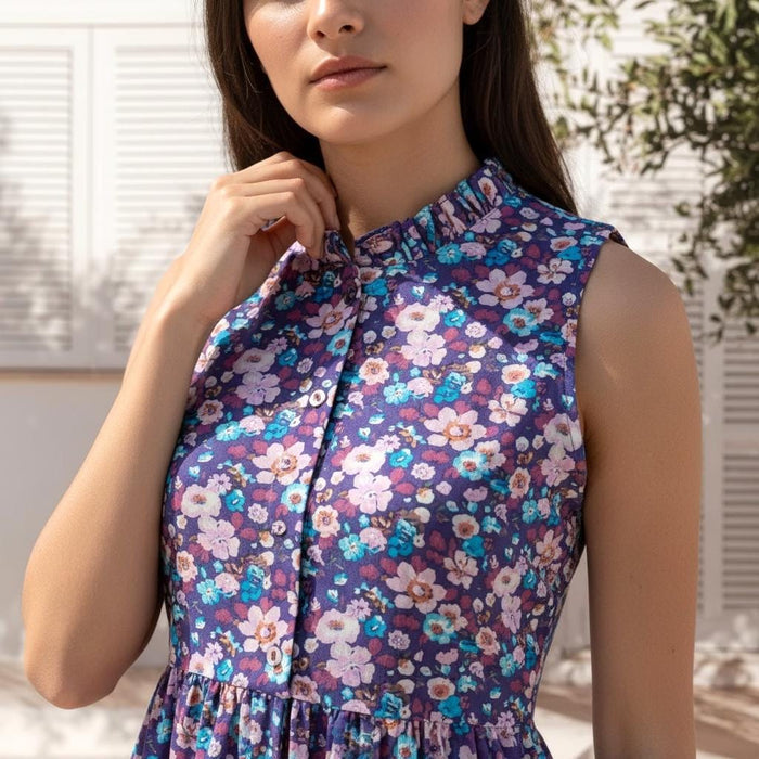 Liberty London Sleeveless Ruffle Collar Midi Sun Dress, Purple Pink Cotton Lawn Handmade Clothing