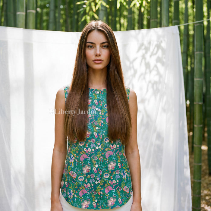 Liberty London Sleeveless Top, Handmade Button Up Blouse, Botanical Cotton Shirt, Personalised Bespoke Tailoring Clothing, Sustainable Wear