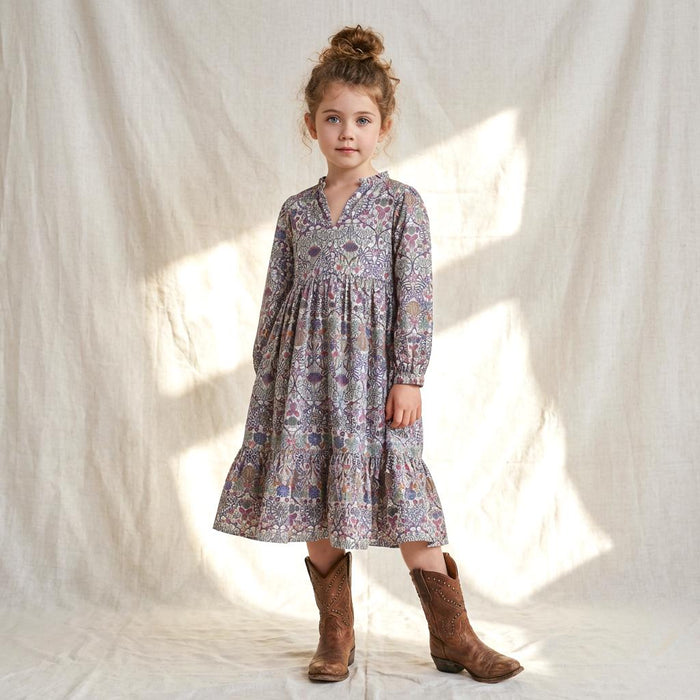 Liberty London Smock Boho Midi Puffed Long Sleeves Dress, Heirloom Wedding Flower Girl Gown
