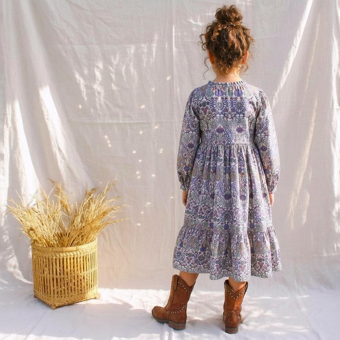 Liberty London Smock Boho Midi Puffed Long Sleeves Dress, Heirloom Wedding Flower Girl Gown