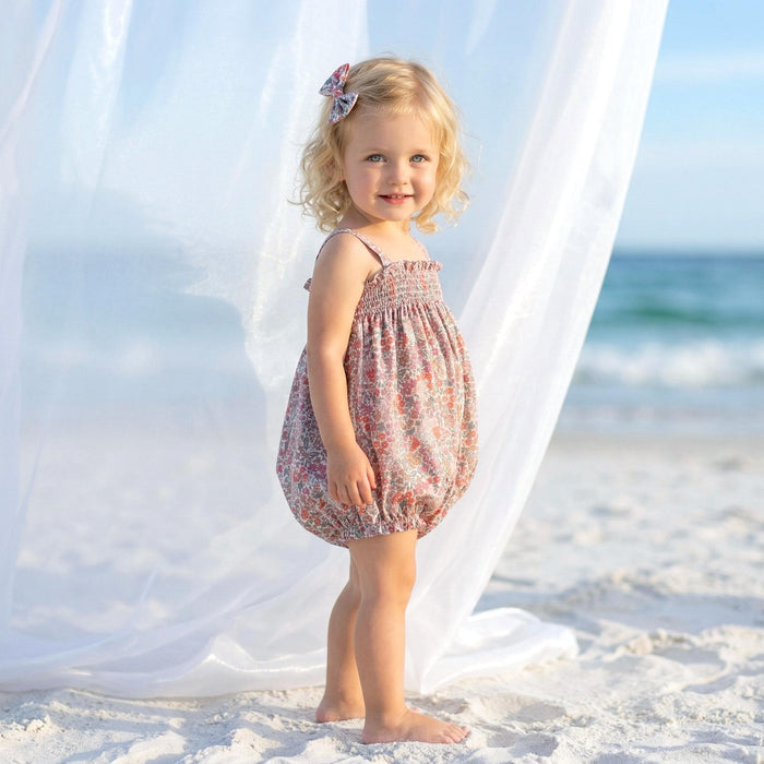 Liberty London Smock Bubble Sleeveless Romper, Handmade Personalised Cotton Children Clothing, Sustainable Tailoring Sunsuit