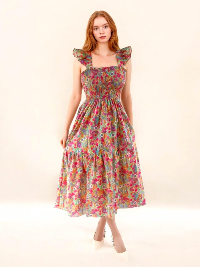Liberty London Smock Dress, Colorful Floral Cotton Tana Lawn, Midi Sun Dress