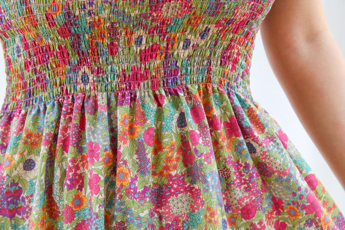 Liberty London Smock Dress, Colorful Floral Cotton Tana Lawn, Midi Sun Dress