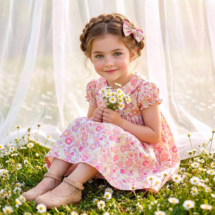 Liberty London Smock-Dress, Peter-Pan Collared Babydoll Short-sleeved Gown, Handmade Floral-print Cotton Clothing, Sustainable Children-wear