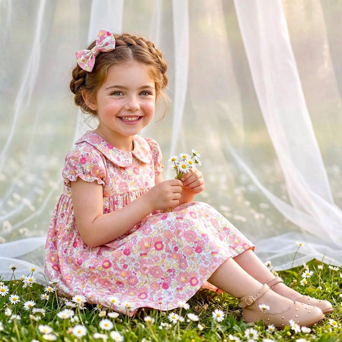 Liberty London Smock-Dress, Peter-Pan Collared Babydoll Short-sleeved Gown, Handmade Floral-print Cotton Clothing, Sustainable Children-wear