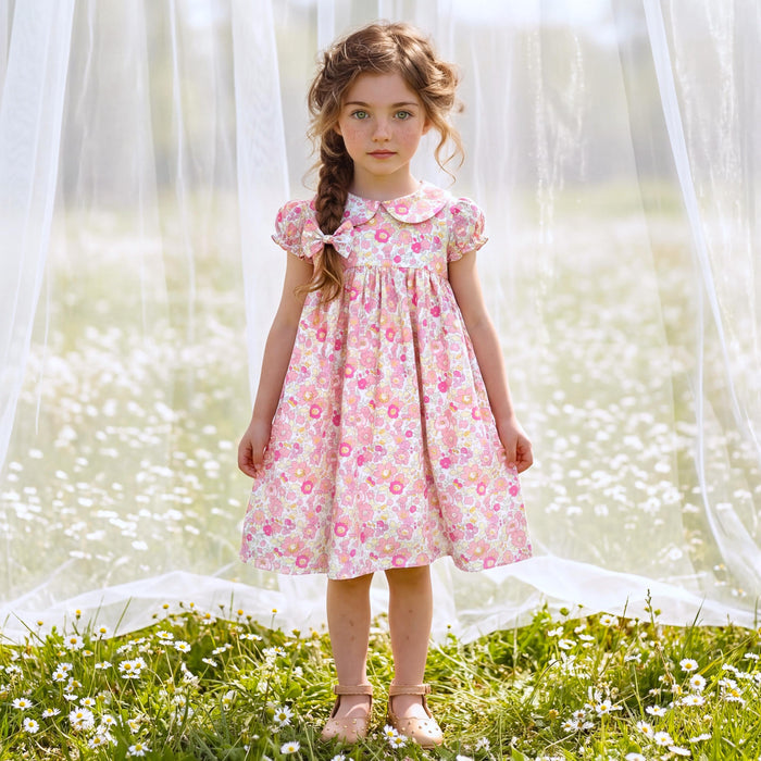 Liberty London Smock-Dress, Peter-Pan Collared Babydoll Short-sleeved Gown, Handmade Floral-print Cotton Clothing, Sustainable Children-wear