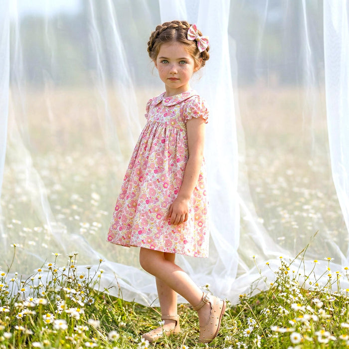 Liberty London Smock-Dress, Peter-Pan Collared Babydoll Short-sleeved Gown, Handmade Floral-print Cotton Clothing, Sustainable Children-wear