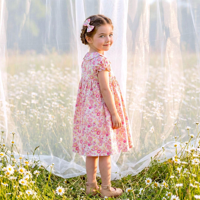 Liberty London Smock-Dress, Peter-Pan Collared Babydoll Short-sleeved Gown, Handmade Floral-print Cotton Clothing, Sustainable Children-wear