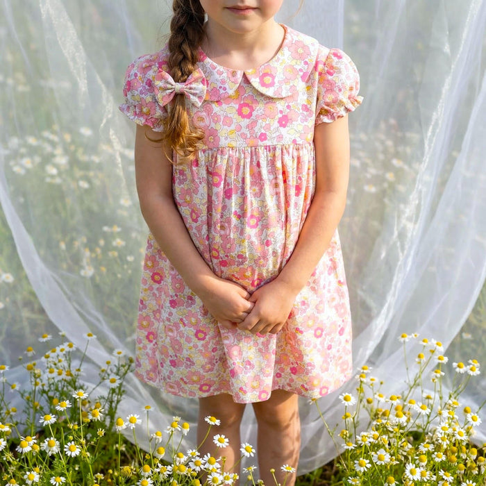Liberty London Smock-Dress, Peter-Pan Collared Babydoll Short-sleeved Gown, Handmade Floral-print Cotton Clothing, Sustainable Children-wear