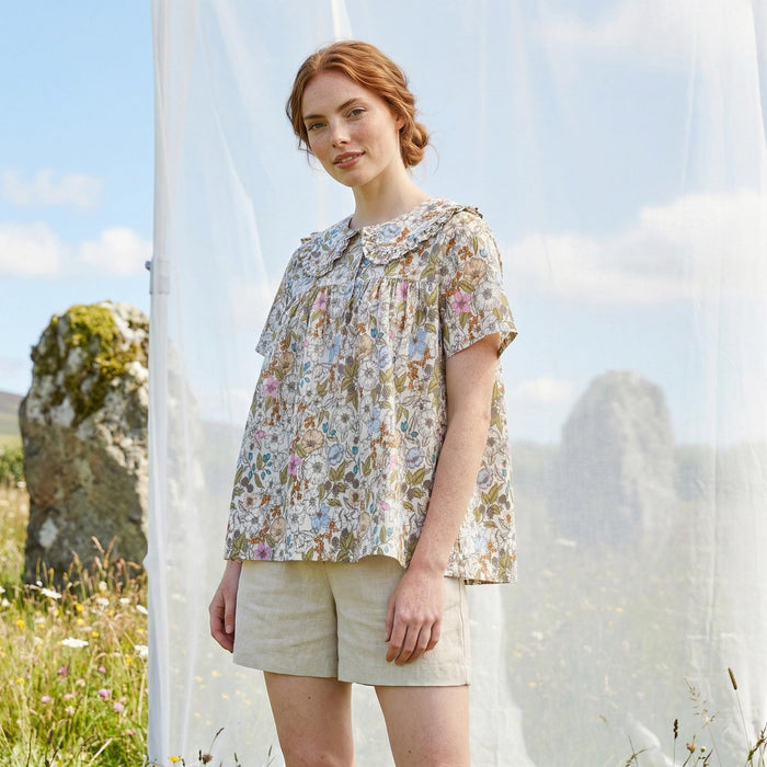 Liberty London Smock Peter-Pan Collared Short-sleeved Button-up Blouse, Handmade Cotton Clothing, Sustainable Botanical Womenswear