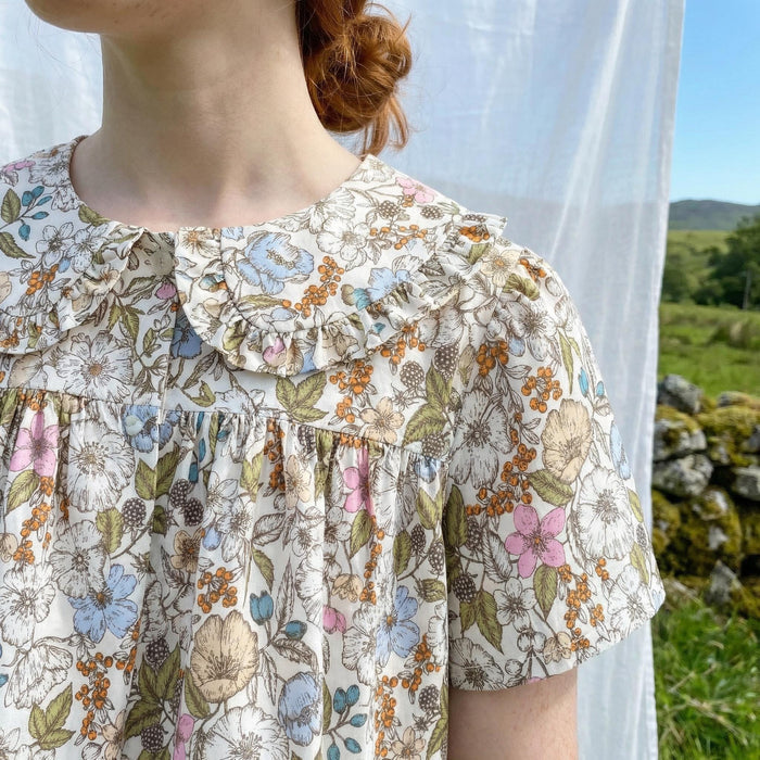 Liberty London Smock Peter-Pan Collared Short-sleeved Button-up Blouse, Handmade Cotton Clothing, Sustainable Botanical Womenswear